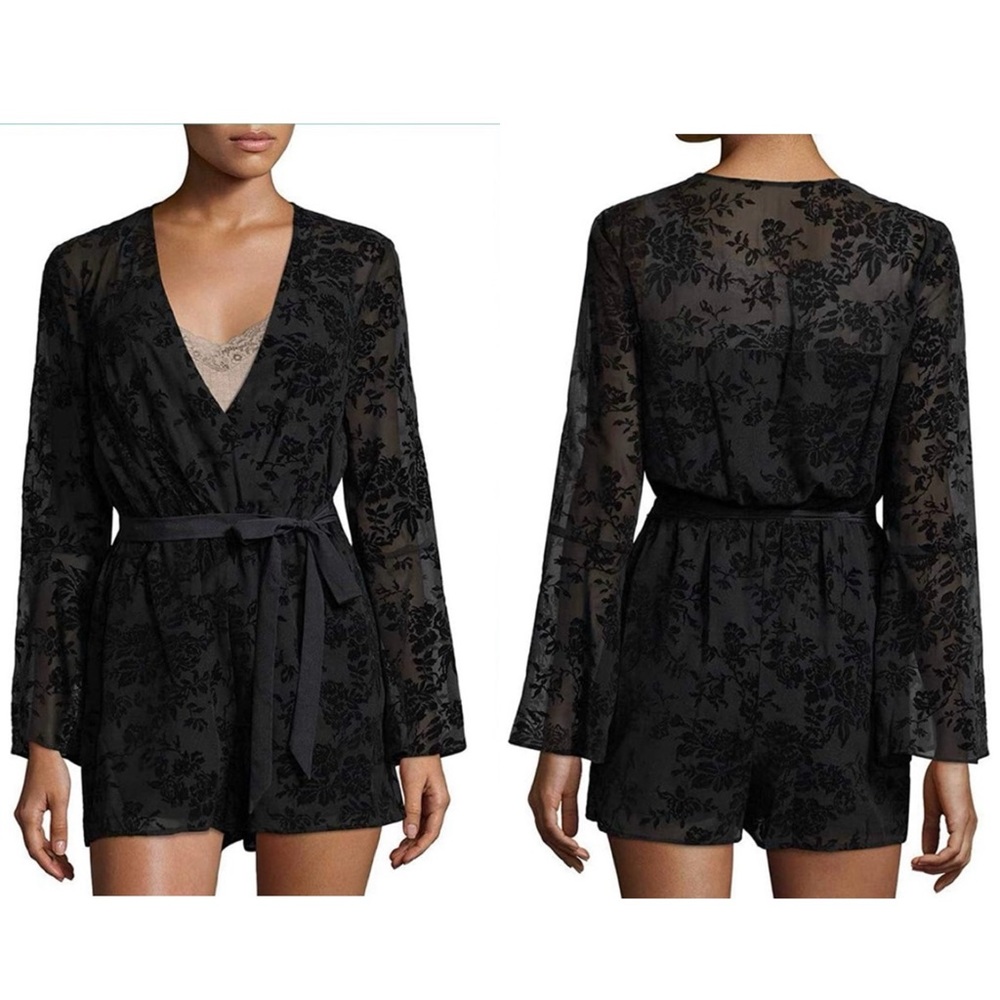 NWT! BCBGeneration Black Bell Sleeve Velvet Brocade Lace Romper
